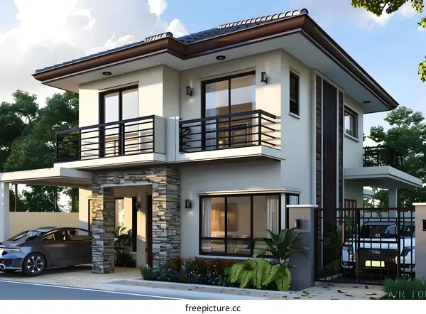 Modern Two Story House Exterior Design with Balcony