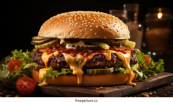 Alluring Cheeseburger Topped with Pickles and Lettuce