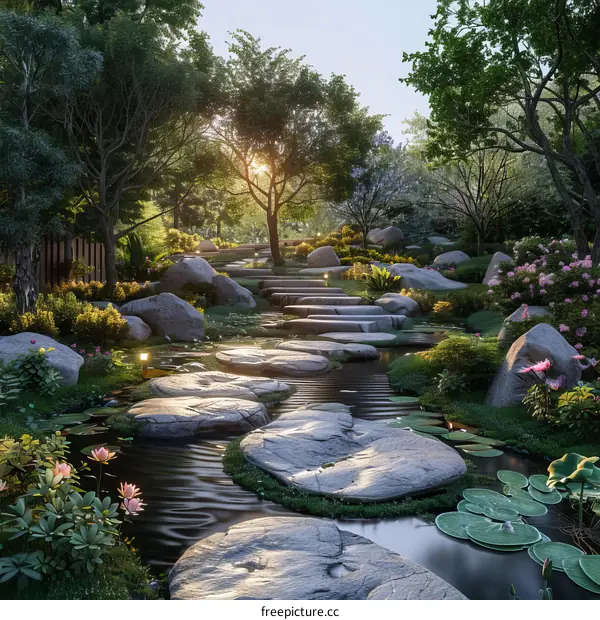 Tranquil Pond and Stepping Stones in a Lush Garden