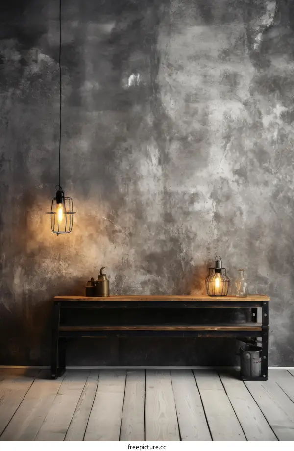 Industrial style interior with concrete wall and vintage furniture