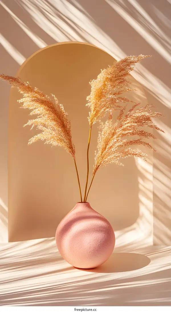 Dried Pampas Grass in a Pink Vase with Light and Shadows