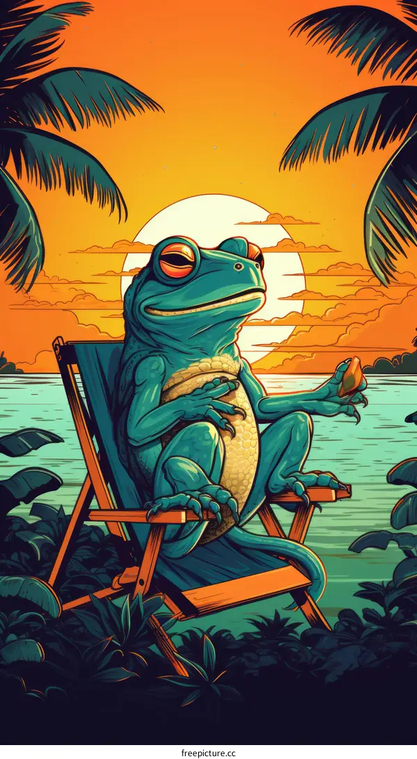 Green Frog Relaxing on Beach at Sunset