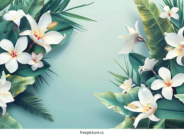 Tropical Floral Background with White Flowers and Green Leaves