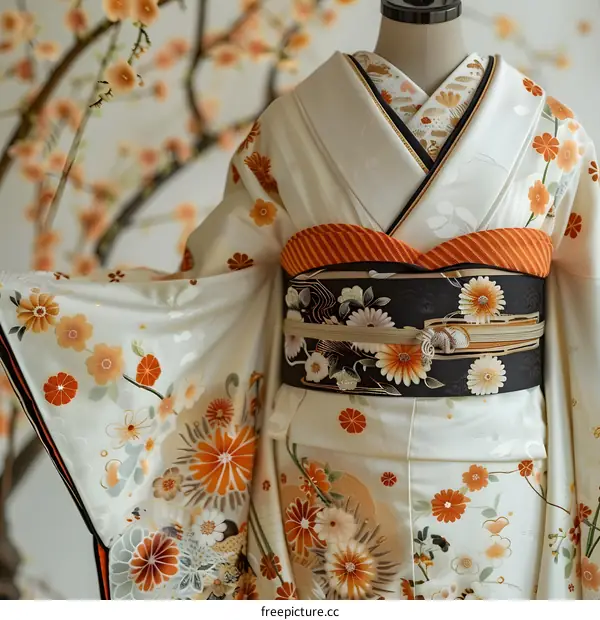 White and Orange Floral Japanese Kimono