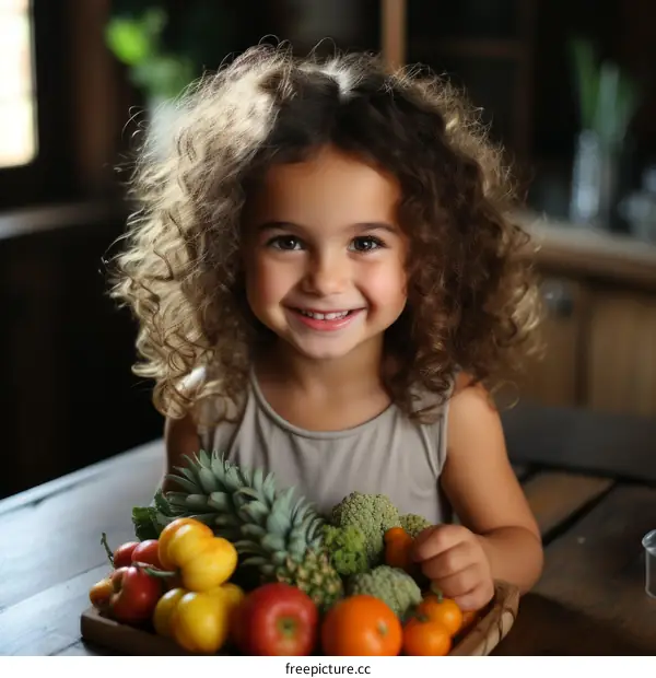 Little curly-haired girl with a big smile on her face holding a tray full of colorful fruits and vegetables