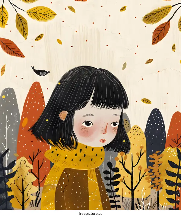 Girl in a Forest With Falling Autumn Leaves