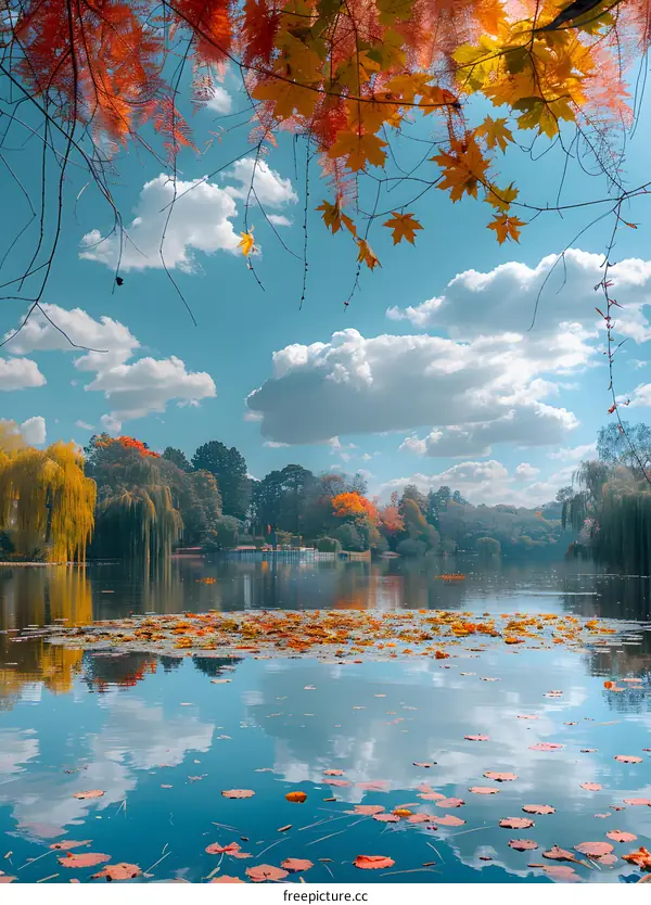 The colorful leaves of autumn are reflected in the calm lake water