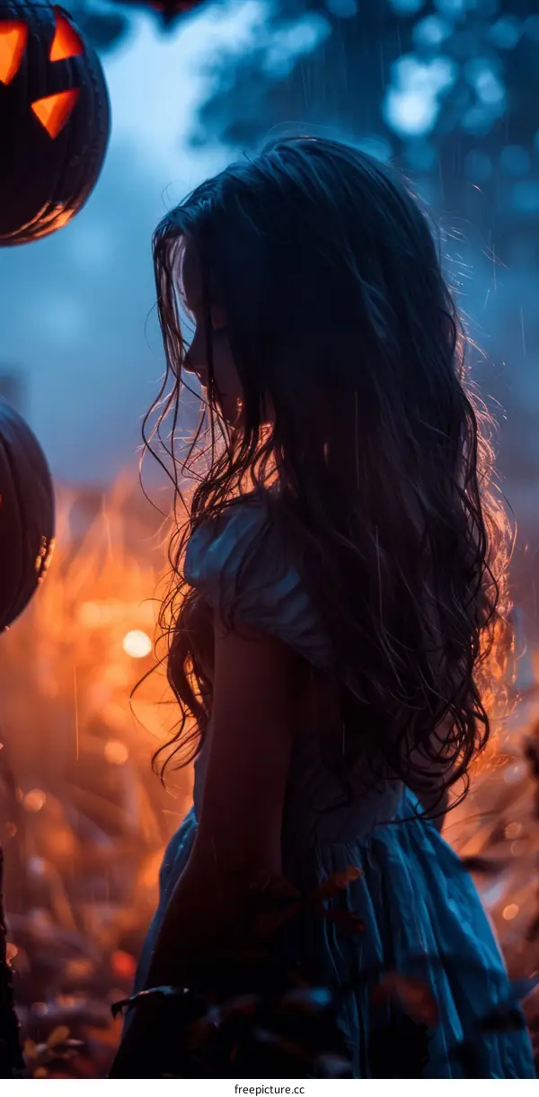 Girl in the rain with pumpkins