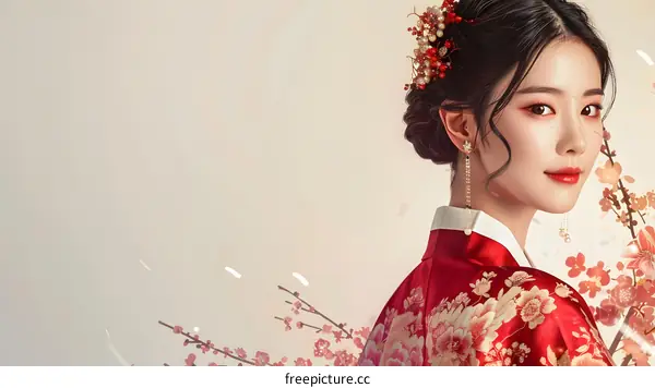 Portrait of a young woman in traditional Korean dress, or Hanbok