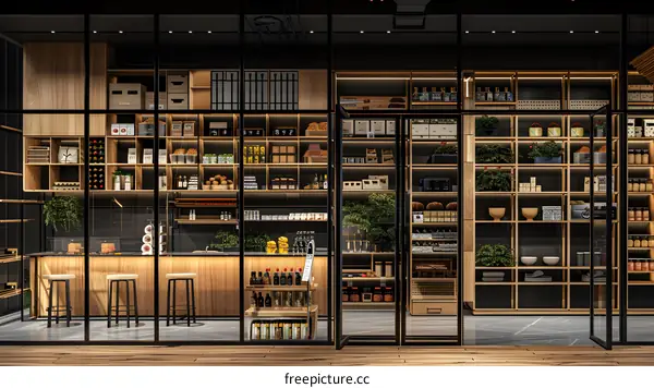 Modern Minimalist Grocery Store Interior Design with Wooden Shelving and Glass Doors