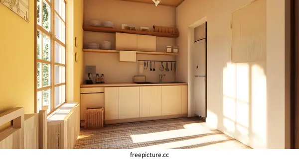 Minimalist Kitchen Interior Design With Wooden Cabinets And Open Shelving