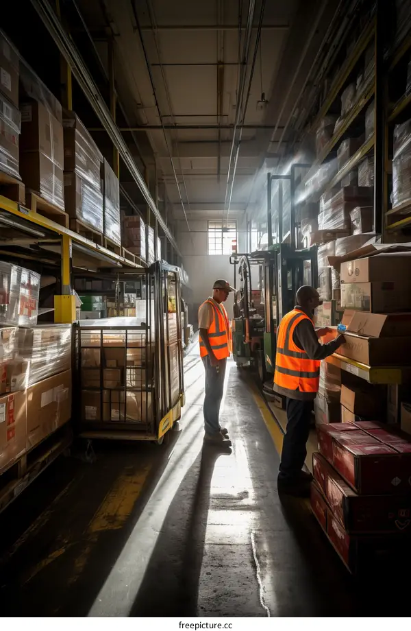 Two warehouse workers in a brightly lit warehouse.
