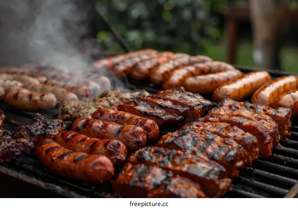 A variety of sausages and steaks are being grilled on a barbecue.