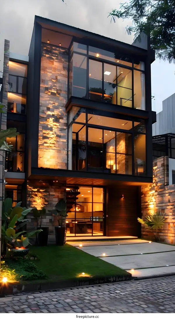 Modern House with Stone Facade and Large Windows