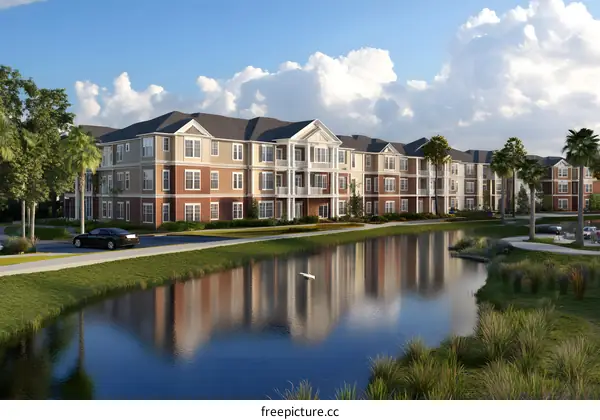 Luxury Apartment Building Exterior With Water Feature