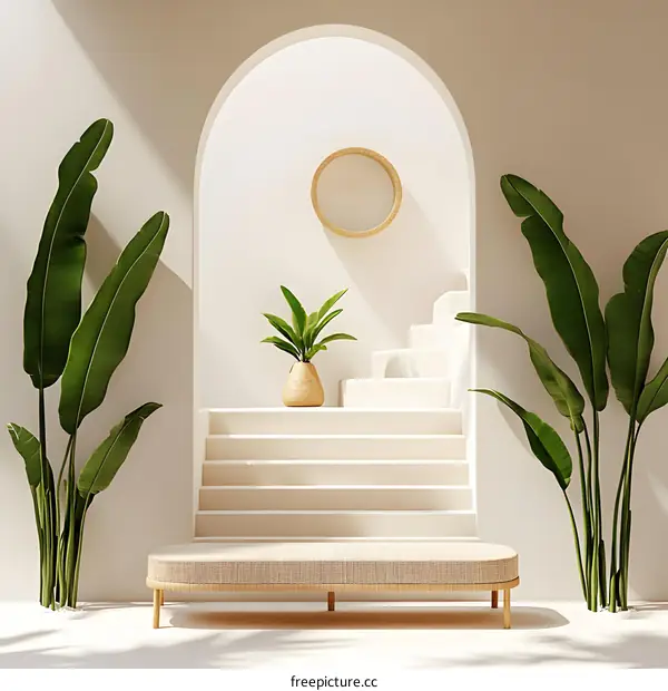Minimalist White Archway with Stairs and Plants