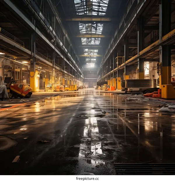 Empty Factory Building with Water Puddles