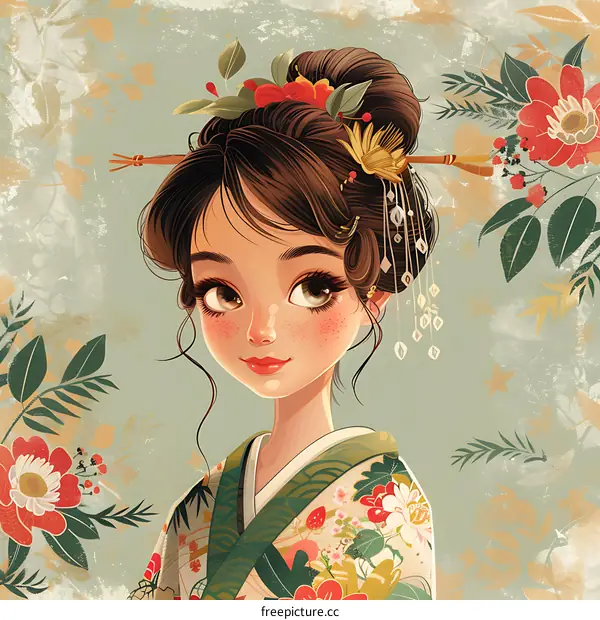 Beautiful Asian Woman with Flowers in Her Hair