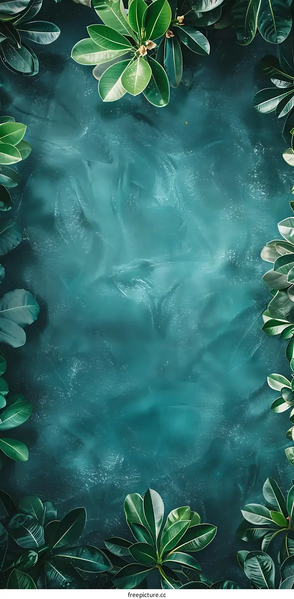 Green Leaves Frame on Blue Background