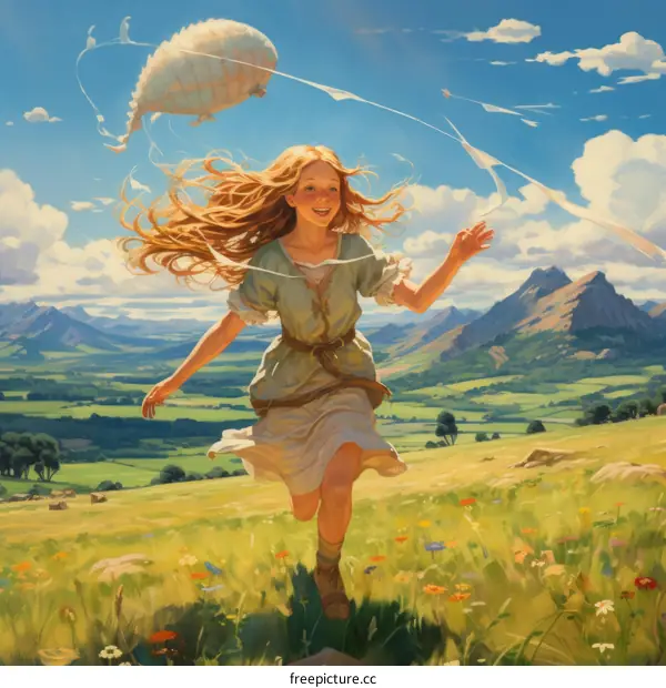 Girl running through a field of flowers with a balloon