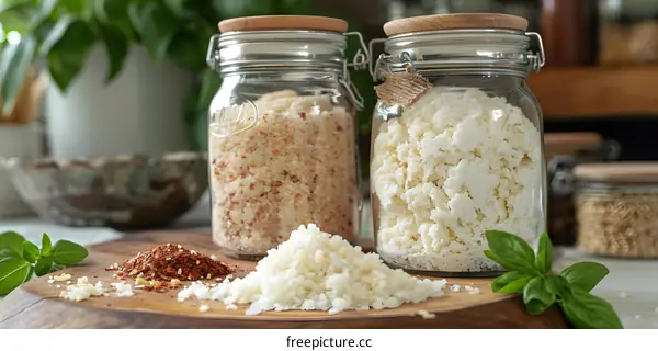 Two glass jars filled with different types of salt
