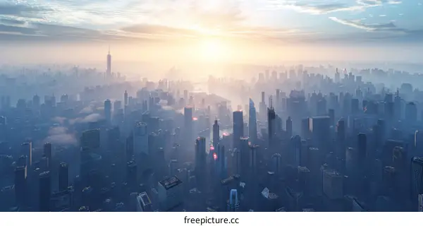 Misty Metropolis Skyline with Modern Skyscrapers