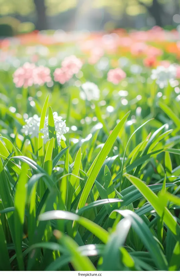 Close-up of green grass and white flowers with a blurred background