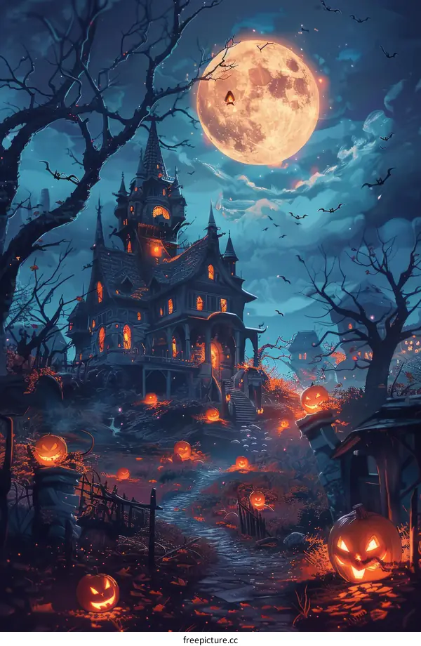 Haunted house with pumpkins and bats under a full moon