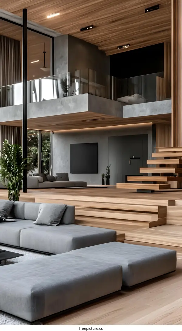 Modern Living Room Interior Design with Wooden Stairs and Grey Sofa