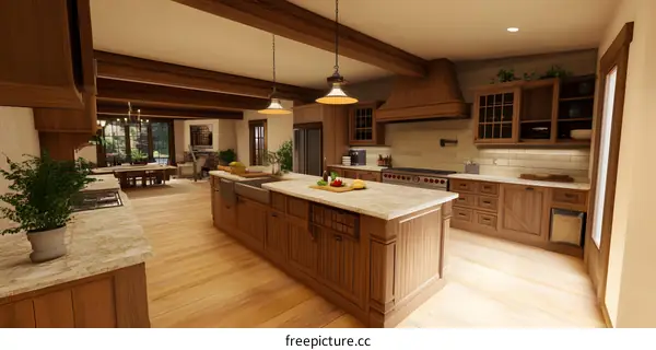 Modern Farmhouse Kitchen With Wooden Cabinets And Island