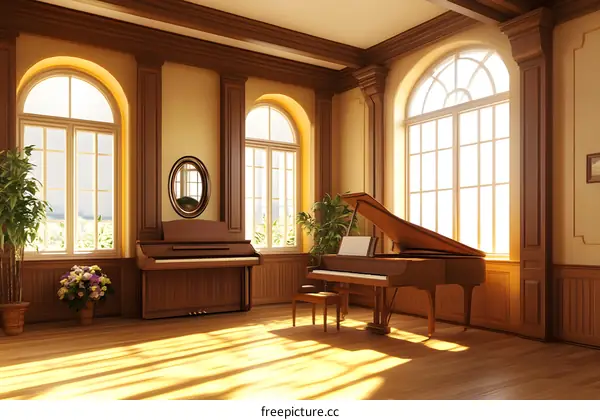 Grand Piano In Sunlit Room With Wooden Trim And Large Windows