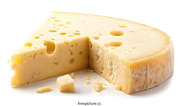 A wedge of cheese on a white background