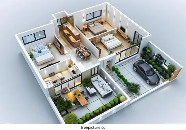Top view of a three-story modern house