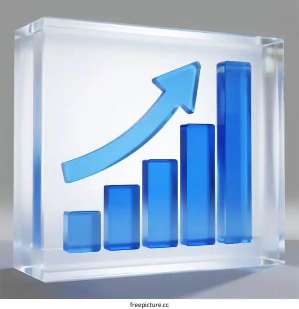 Blue Bar Chart with Rising Arrow on Clear Glass Block