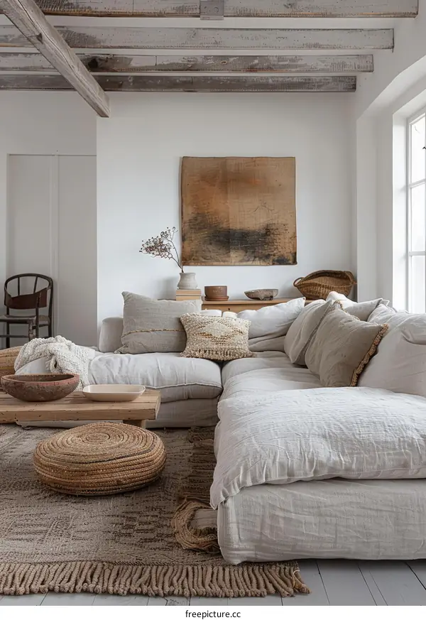Airy and inviting living room with neutral colors and natural materials