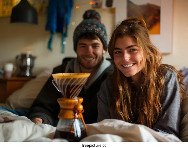 Smiling young couple sitting on bed with coffee