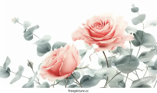 pink roses with eucalyptus leaves on a white background