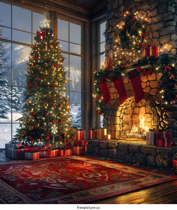 Christmas tree by the fireplace