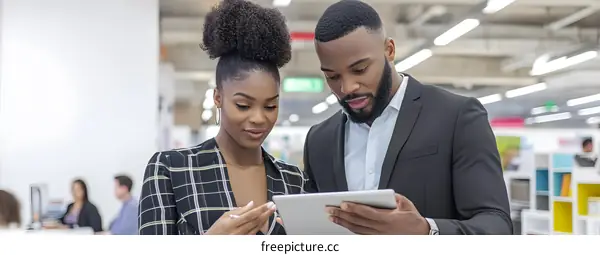African American Business Couple Reviewing Project on Tablet