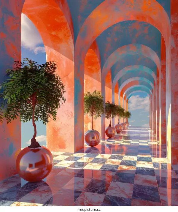 Futuristic Orange and Blue Hallway with Trees