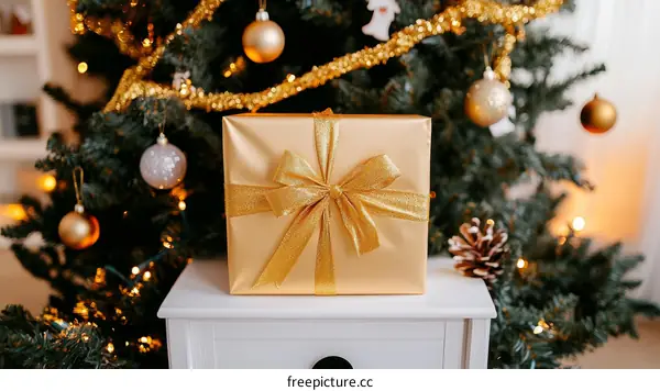Christmas Gift on a White Table Near a Christmas Tree