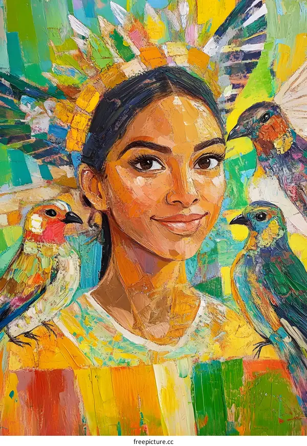 Woman with Birds, Oil Painting Art