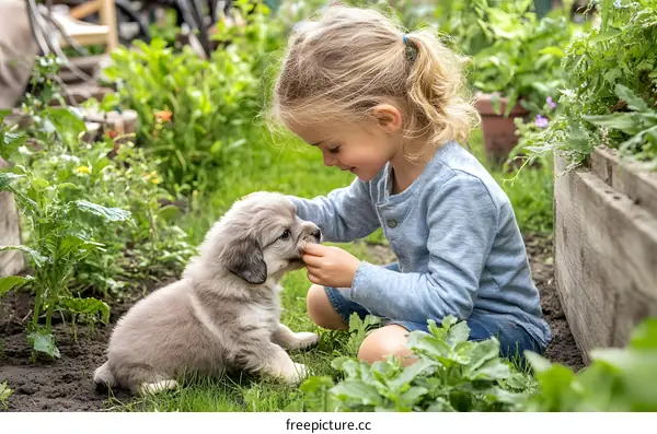 Little Girl Feeding Puppy in Garden