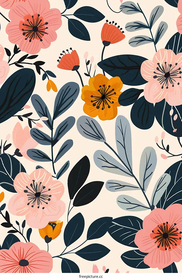 Floral Pattern Seamless Design with Pink and Yellow Flowers