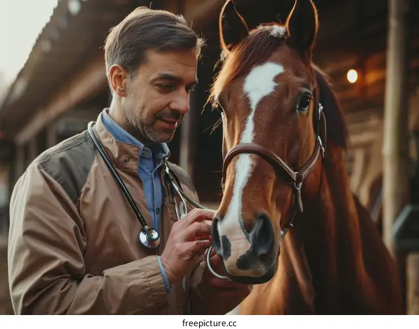 Male veterinarian examining a horse with a stethoscope