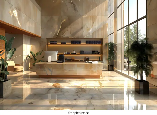Office lobby interior with large windows and marble tiles