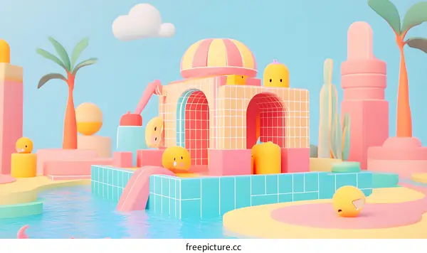 3D Rendered Illustration of a Colorful  Geometric Playground with Pool