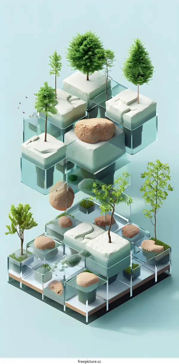 Abstract Green Landscape With Trees In Glass Cubes