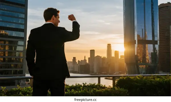 A Businessman Celebrating Success with City Skyline at Sunset