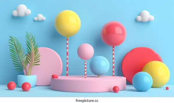 Colorful Balloons and Geometric Shapes 3D Rendering